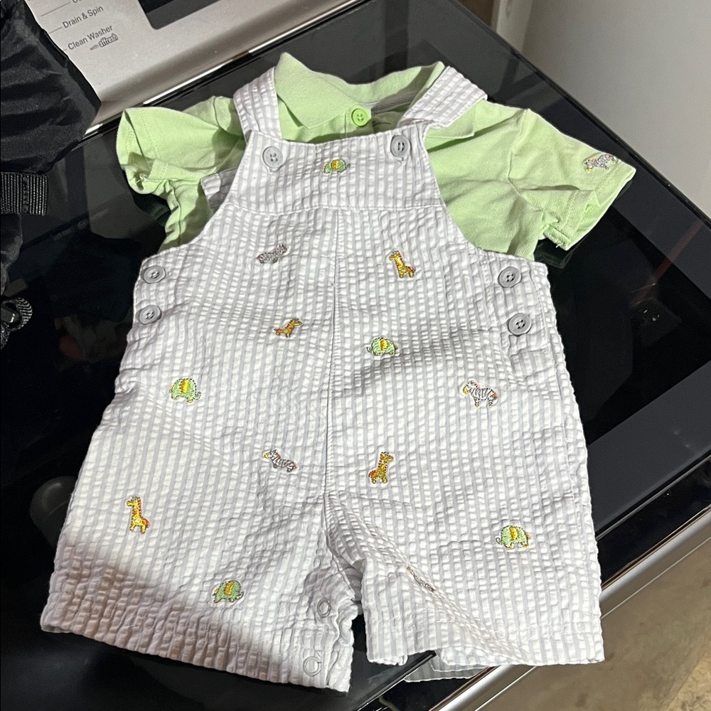 Little Me Green and White Seersucker Overalls Set